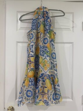 1. State Blue, Yellow and Green Lemon Italian Amalfi Tile Print Curtain Panel
